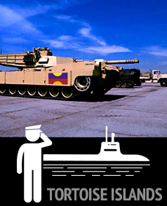 an old battle tank marked with a tortoise islands flag